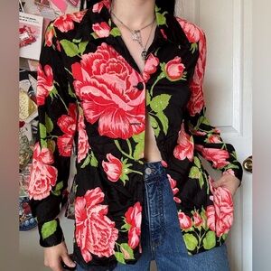 Red Flower Vintage 70s Button Down Small